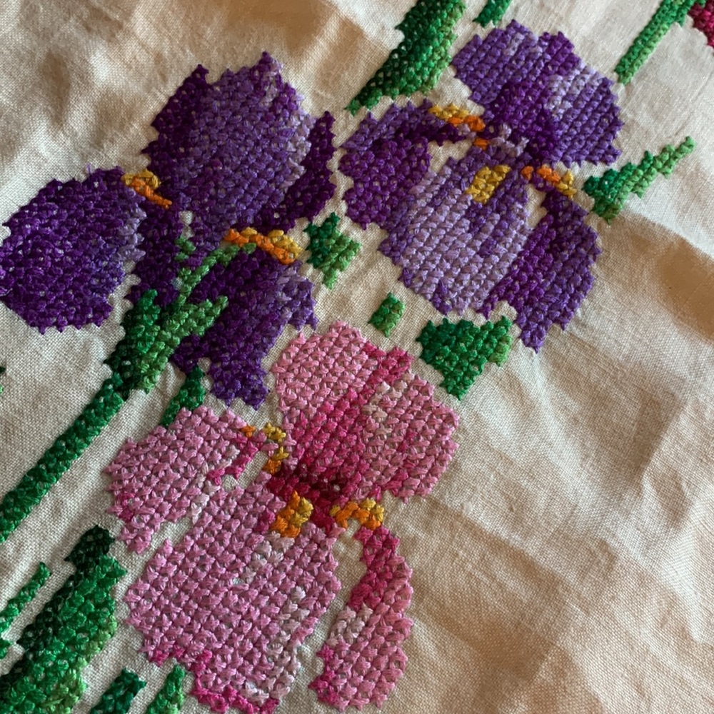 Vintage needlepoint hand crafted floral iris flowers embroidery art unframed